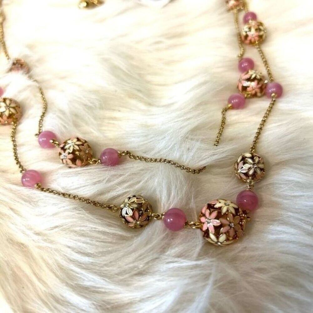 Kate Spade "At First Blush" Double Stranded Floral Necklace Pink/ Gold - Picture 2 of 9